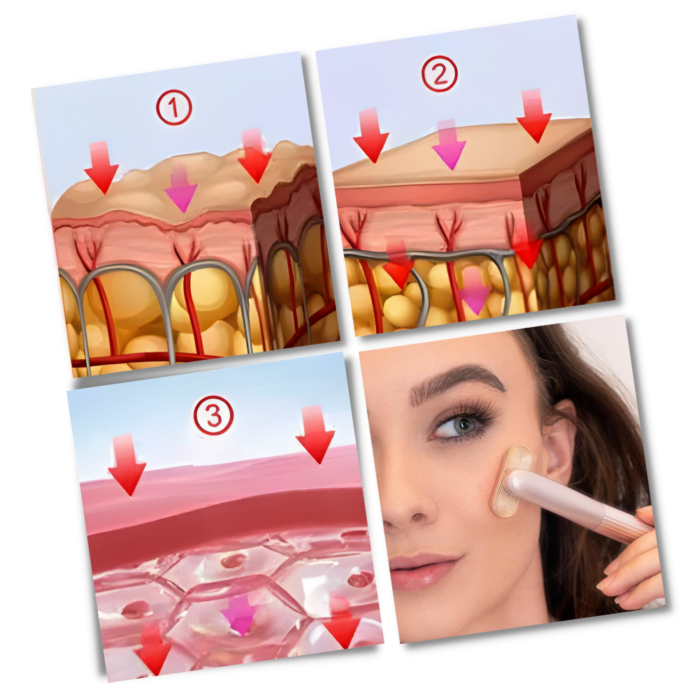 Báton de cuidado facial com luz vermelha da marca Xiaofu, usado para tratamentos de beleza e revitalização da pele.
