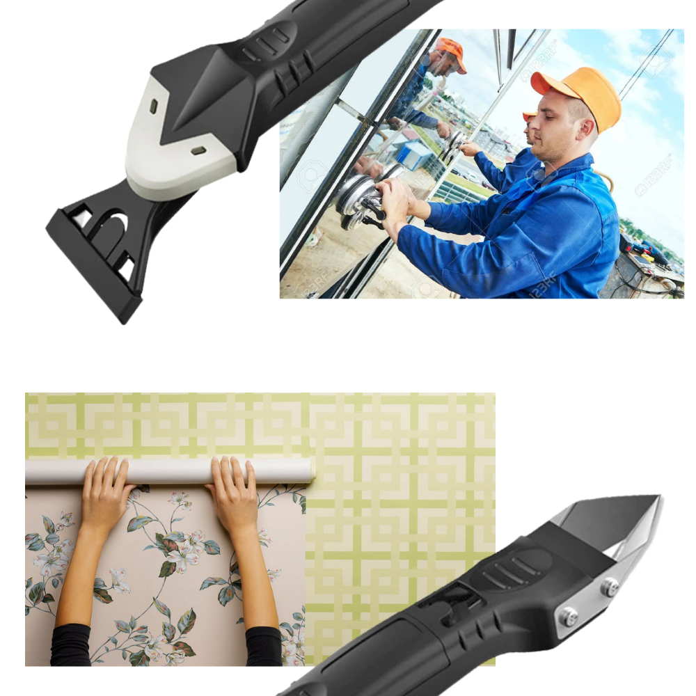 Acessório de ferramenta Xinrg para calafetagem e raspagem de múltiplos materiais, com lâmina e cabos ergonômicos.