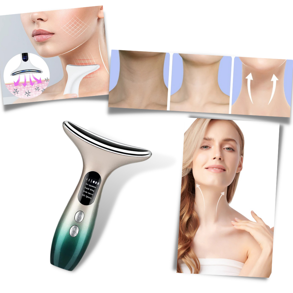 Aparelho de cosméticos Xinxinniu para reafirmar o pescoço e o rosto, com design branco e tecnologia de cuidados faciais.