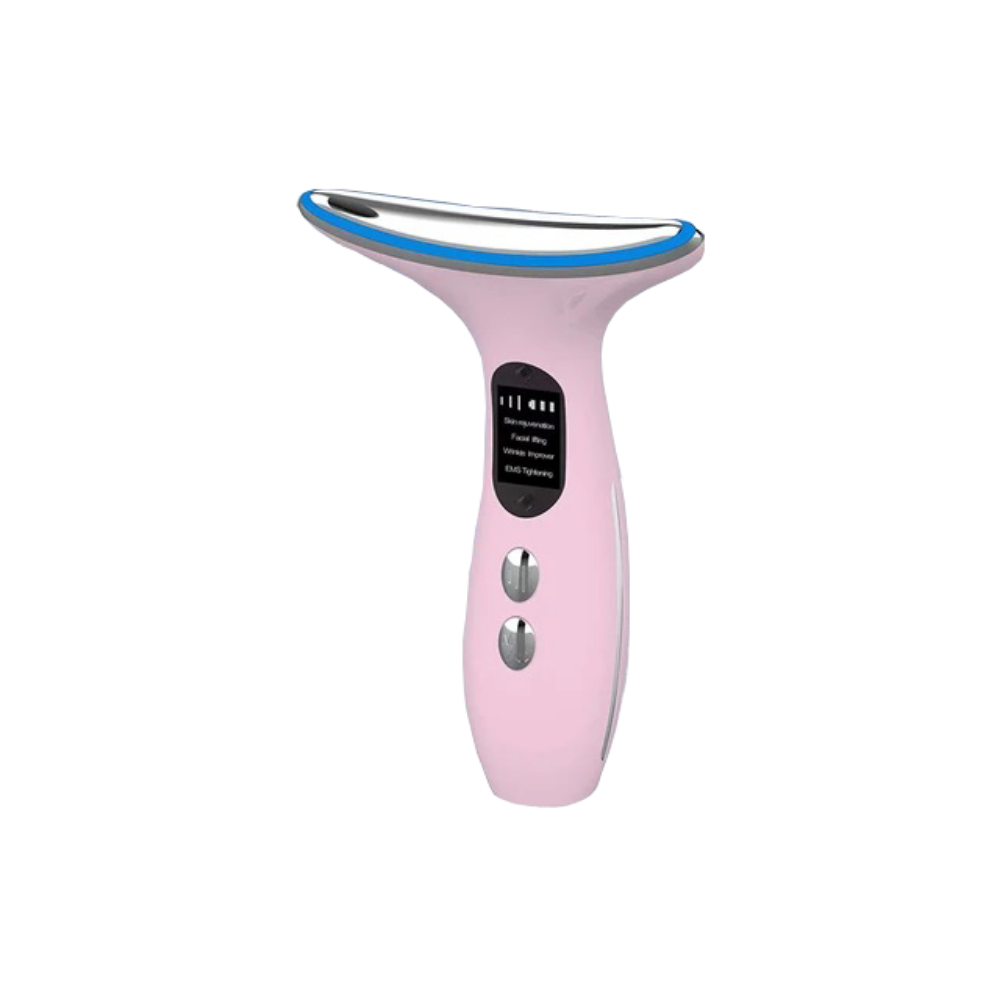 Aparelho de cosméticos Xinxinniu para firmeza no pescoço e rosto, com design branco e tecnologia de cuidados faciais.