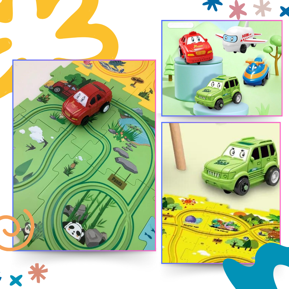 Conjunto de 5 peças de jogo de pista para carros elétricos, brinquedos educativos da marca Xinyux, em espaço colorido.