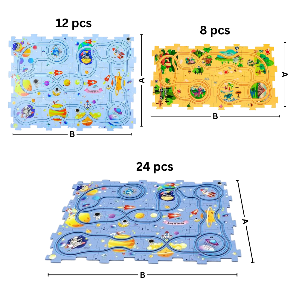 Conjunto de 5 peças de jogo de pista lúdico para carros elétricos, brinquedos educativos da marca Xinyux, em espaço colorido.