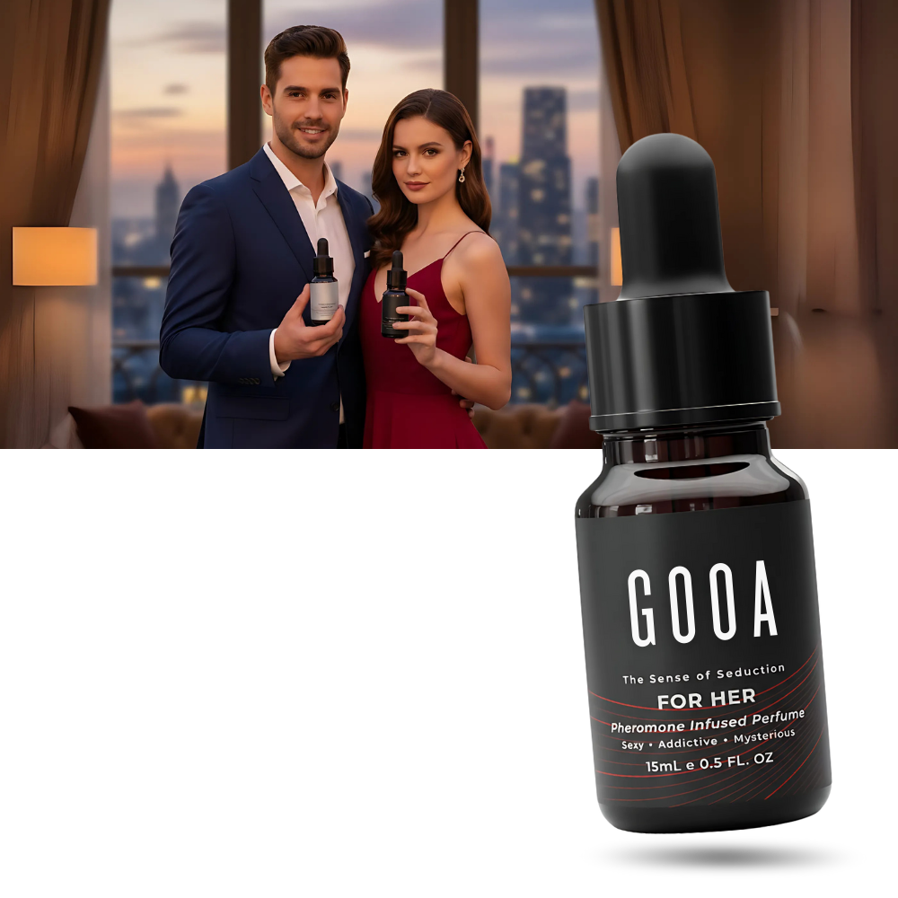 Perfume sedutor com feromônios para homens e mulheres, da marca Yadornos, em embalagem de cosméticos.