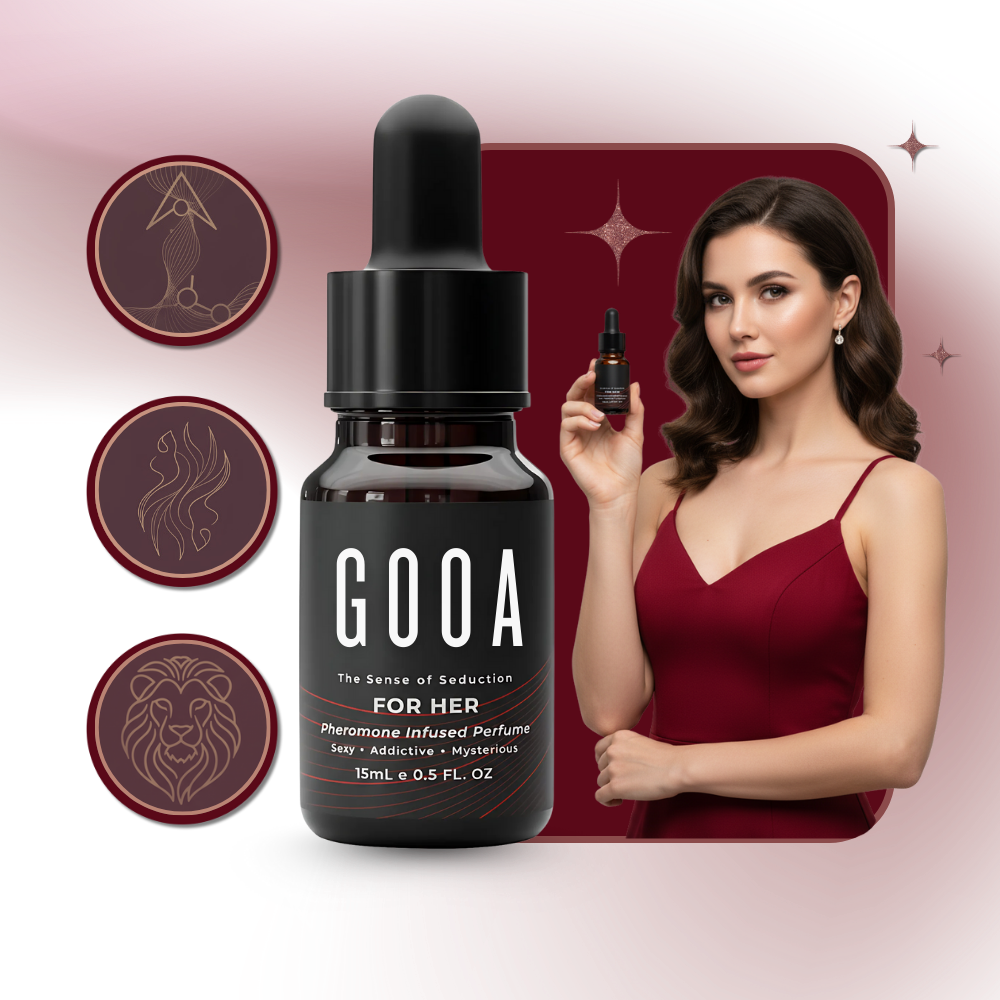 Parfum sedutor com pheromônes da Yadornos, para homens e mulheres, em embalagem de cosméticos com frasco elegante.