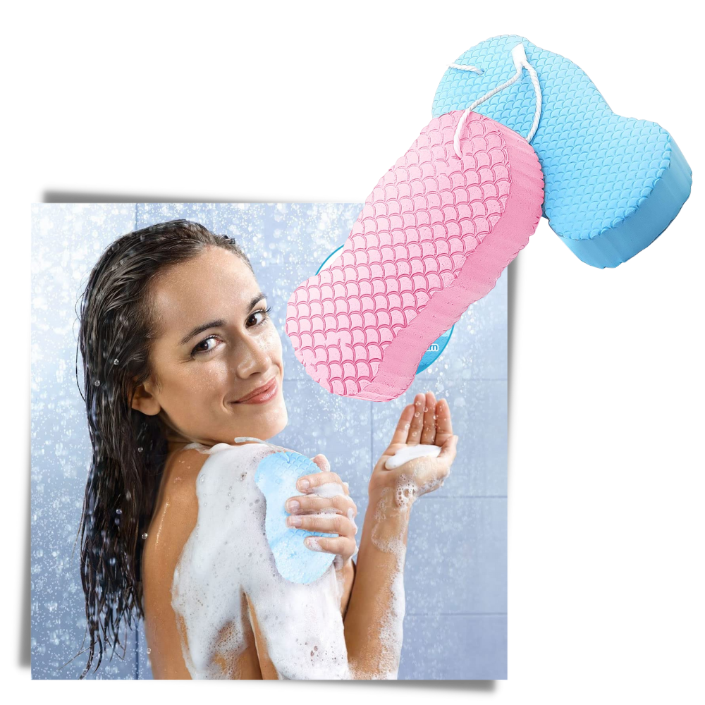 Esponja exfoliante suave para o corpo da marca Ybeny, de cor cinza, ideal para cuidados de pele e limpeza corporal.