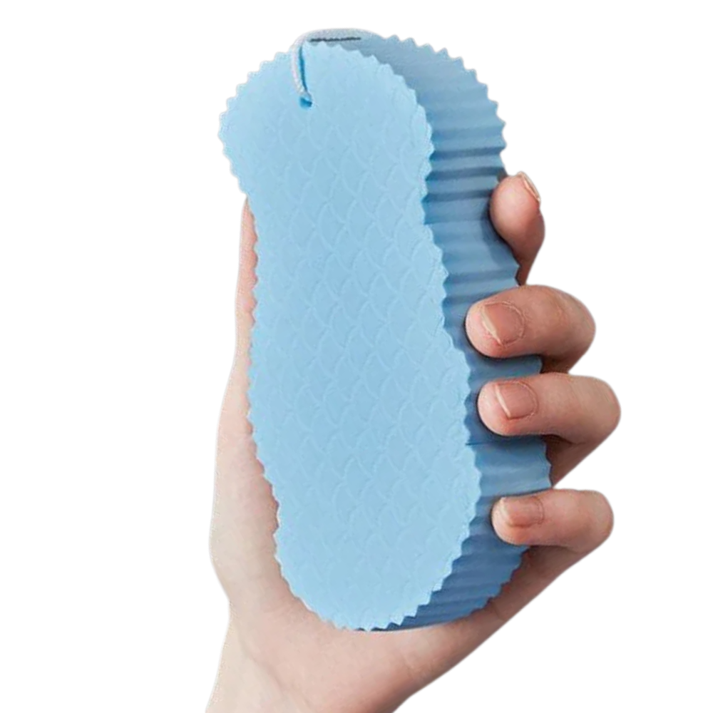 Esponja exfoliante suave para o corpo da marca Ybeny, feita de material macio e ideal para cuidados corporais.