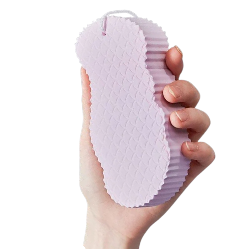Esponja exfoliante suave para o corpo da marca Ybeny, de cor cinza, ideal para cuidados de pele e limpeza corporal.