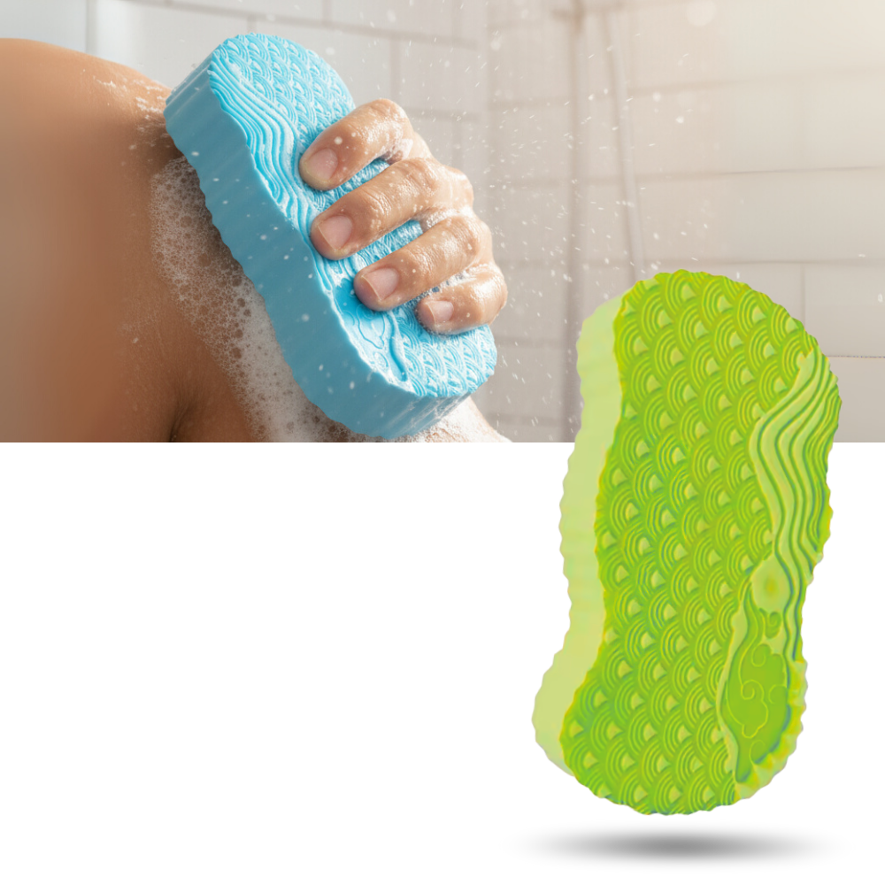 Esponja de banho exfoliante azul da Yedyly, ideal para limpeza suave e esfoliação da pele no banho.