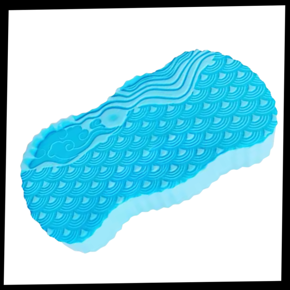 Esponja de banho exfoliante suave da marca Yedyly, em tom azul, ideal para limpeza e cuidados com a pele.