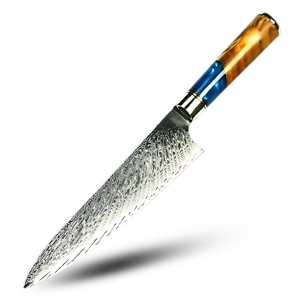 Faca de chef japonesa da série Riviera Maya da marca Myvit, lâmina amarela, utensílio de cozinha para corte preciso.