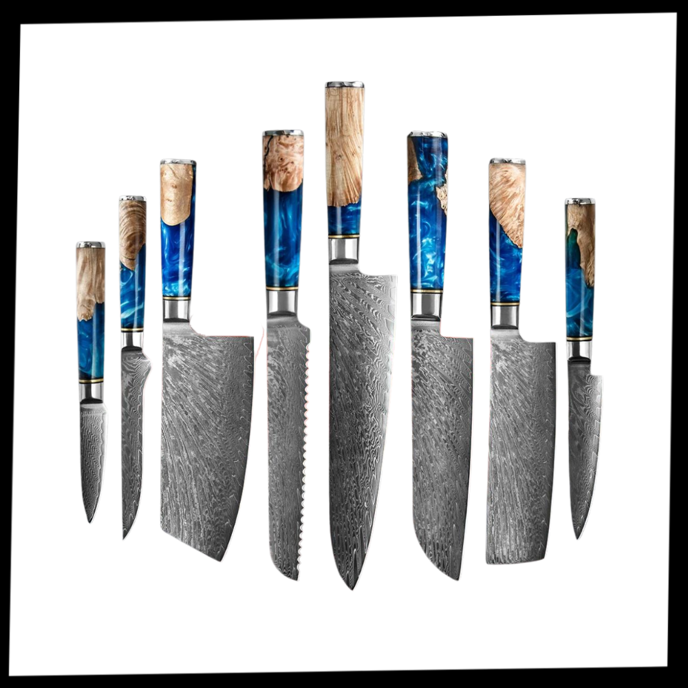 Conjunto de facas japonesas da série Riviera Maya da marca Myvit, com lâminas douradas e cabos ergonômicos para cozinha.