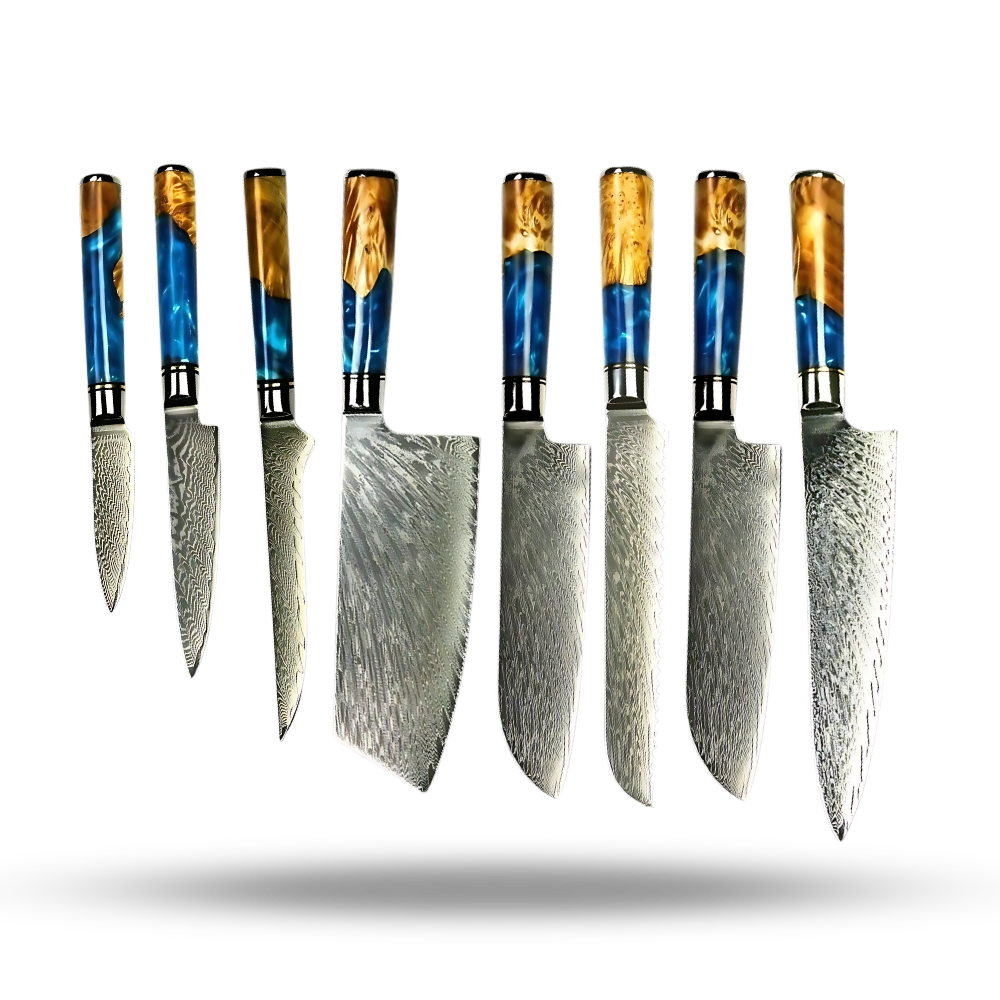 Conjunto de facas japonesas da série Riviera Maya da marca Myvit, com lâminas amarelas e cabos ergonômicos para cozinha.