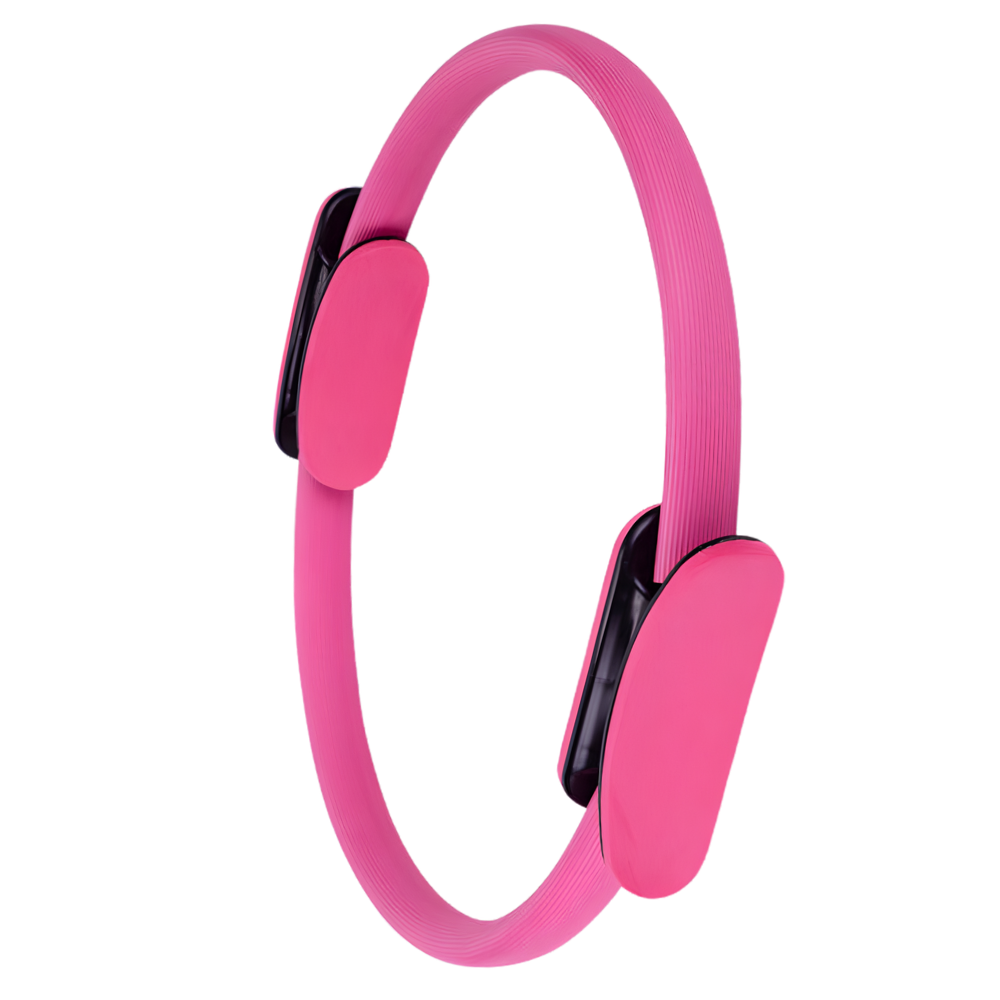 Anel de Pilates Yes4All azul e rosa para tonificação do corpo, usado em exercícios de Pilates e yoga.