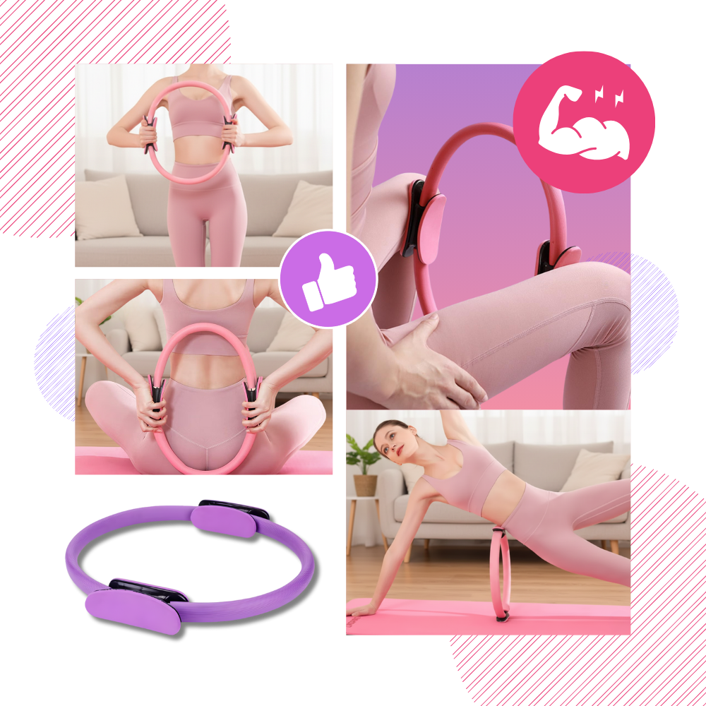 Anel de Pilates Yes4All azul e rosa para tonificação do corpo, usado em exercícios de Pilates e yoga.