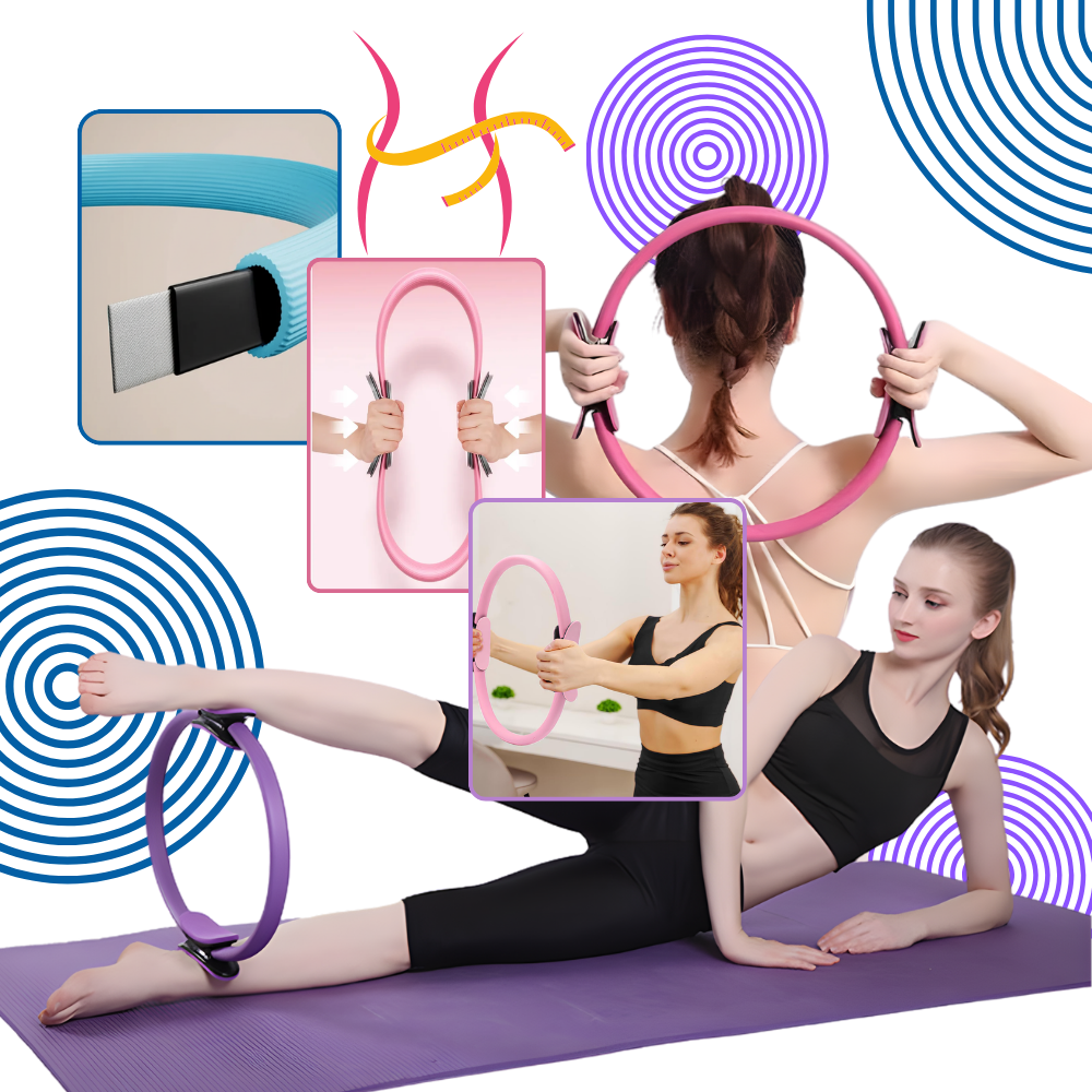 Anel de Pilates Yes4All azul e rosa para tonificar o corpo, ideal para exercícios de Pilates e yoga.