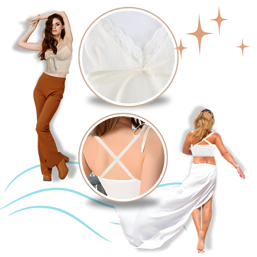 Haut branco da Yiwei com bordas em renda, estilo top curto, detalhe delicado e elegante em tecido de alta qualidade.