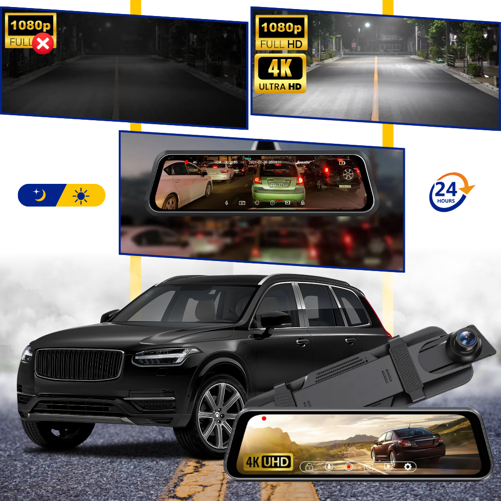 Câmera embarcada Yks para veículos em resolução 1080p, sem cartão TF, mostrada instalada no interior de um carro.