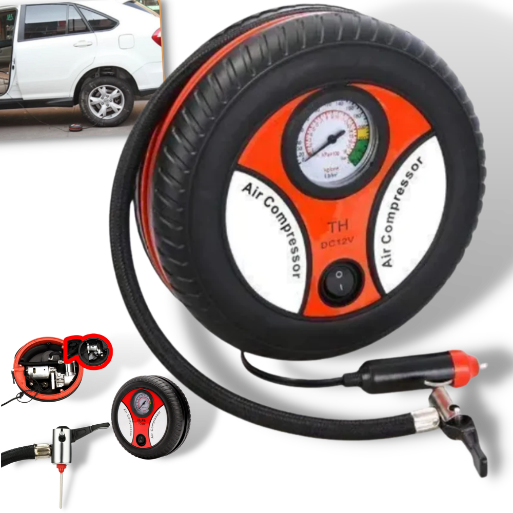 Compresseur de air portable Yks para pneus de carro, usado em manutenção de veículos, com mangueira e mostrador.