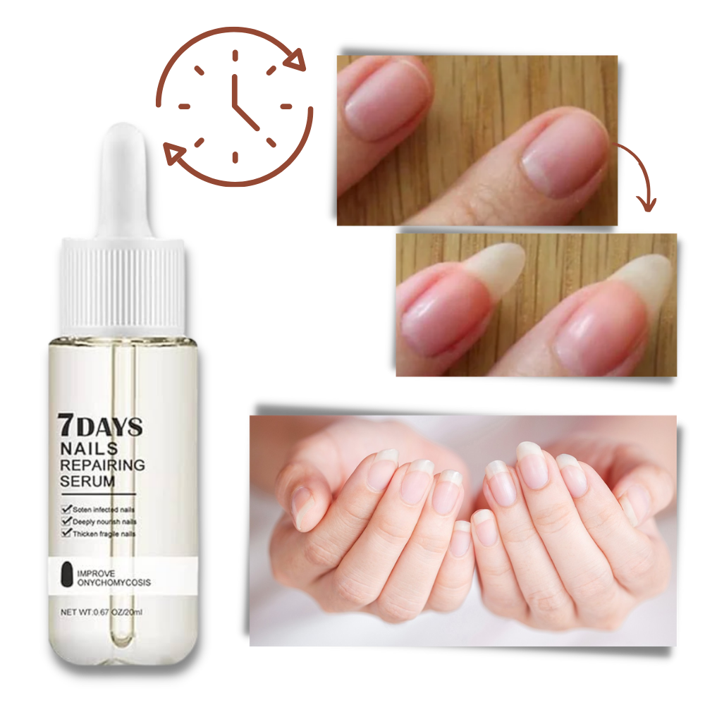 Sérum reparador para unhas Yohome, frasco com aplicador, mostrando a textura do produto para fortalecimento em 7 dias.