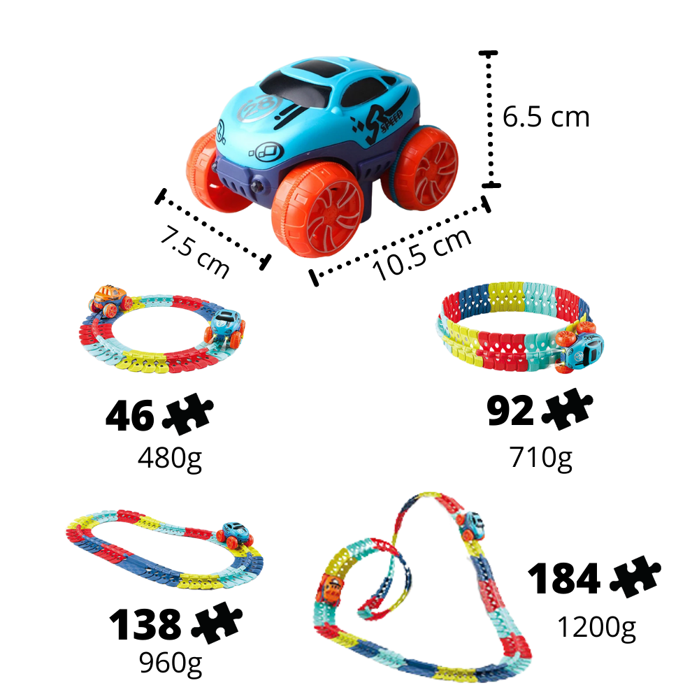 Circuit de rails flexíveis Yotijar para veículos de brinquedo, com 46 peças e detalhes coloridos para diversão infantil.