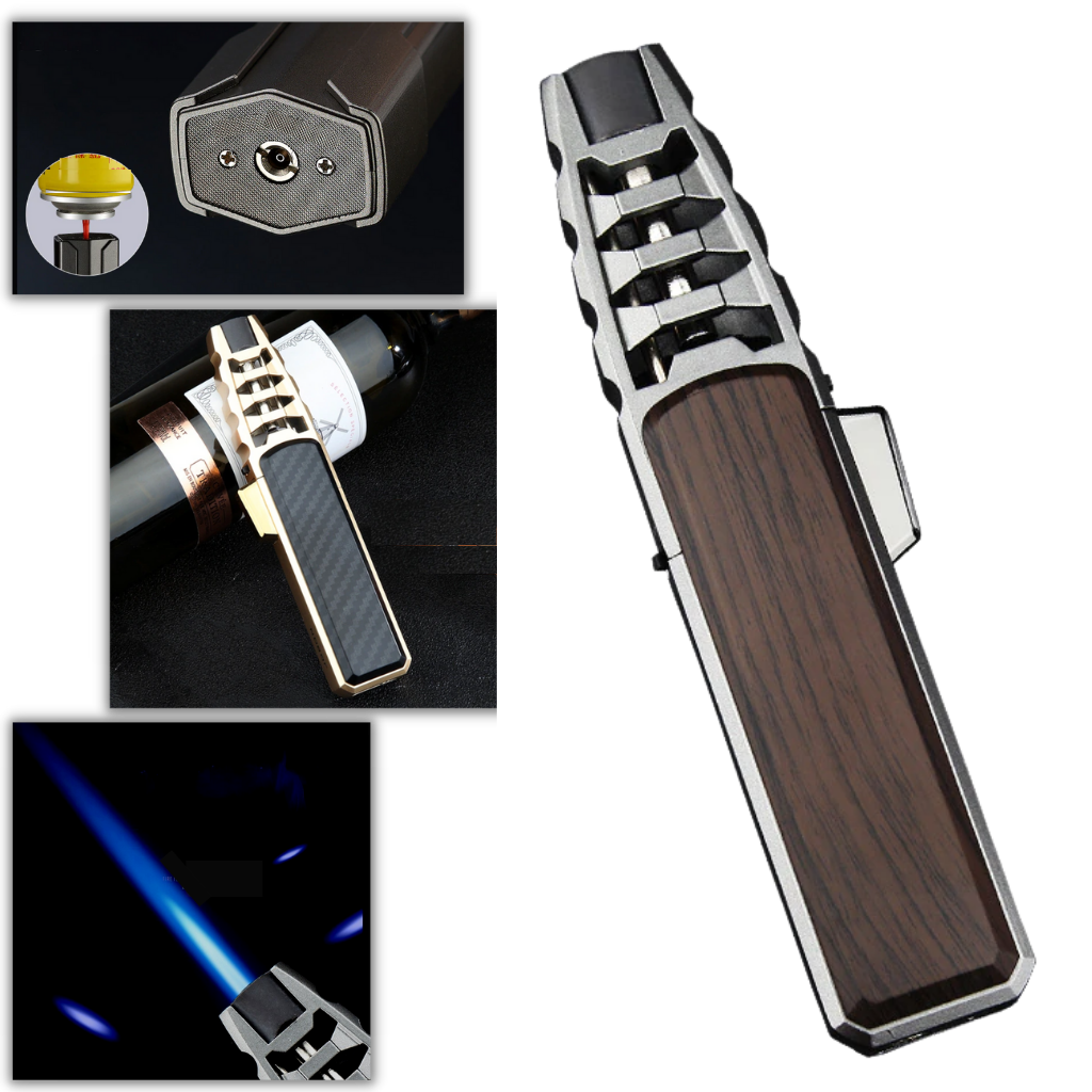 Briquet polivalente a gás Yowell preto e dourado, para uso em churrasco, fogueira e acendimento de velas.
