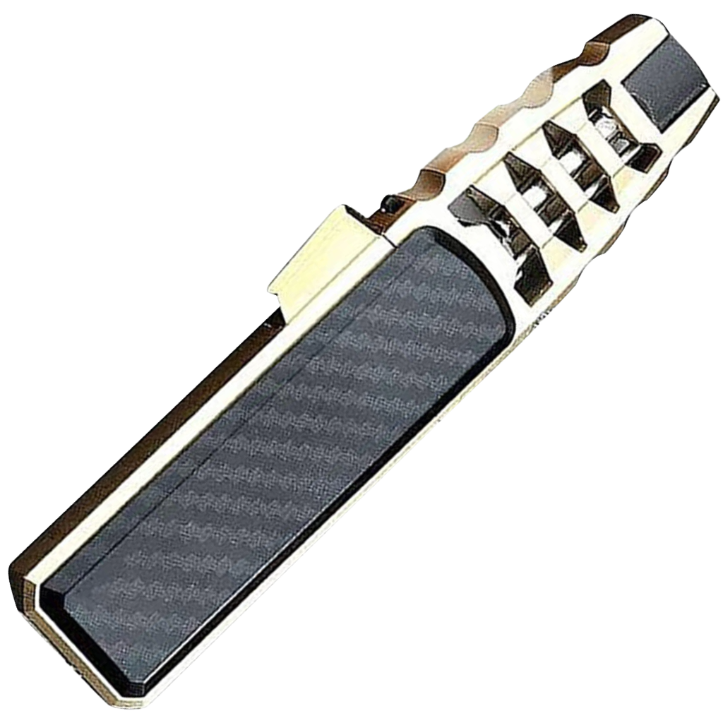 Briquet Yowell polivalente a gás preto com detalhes dourados, útil para acender churrasqueiras, velas e fogueiras.