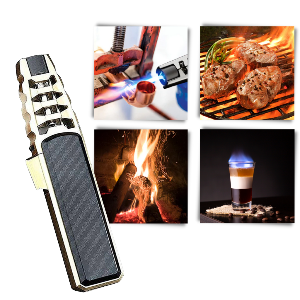 Briquet Yowell com acabamento preto e dourado, briquet polyvalente a gás, ideal para acender fogo com facilidade.