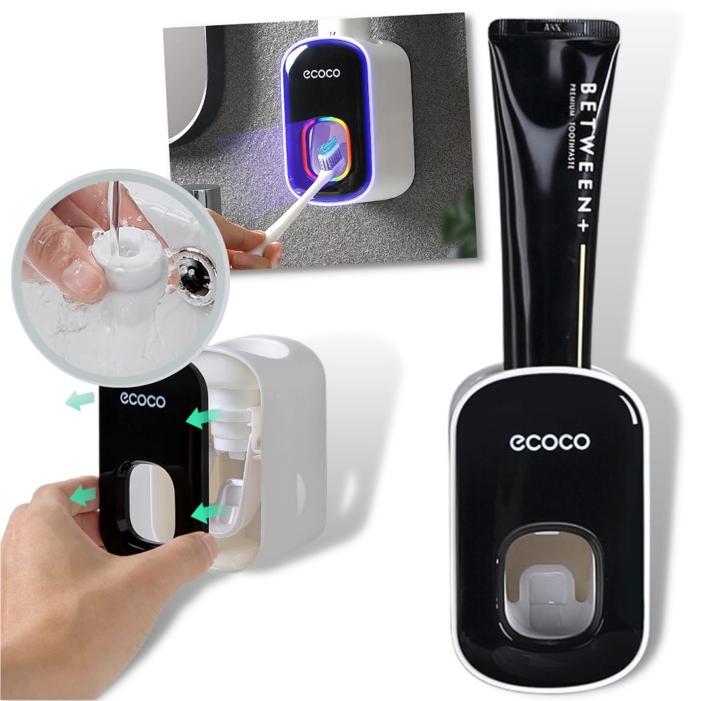 Distributeur de dentifrice mural da Yrtoes para cuidados bucais, em acabamento preto, fixado na parede, fácil de usar.
