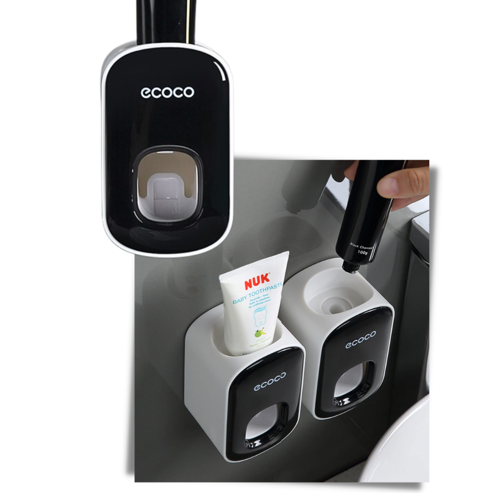 Distributeur de dentifrice mural Yrtoes em preto, para cuidados bucais, com design compacto e moderno.