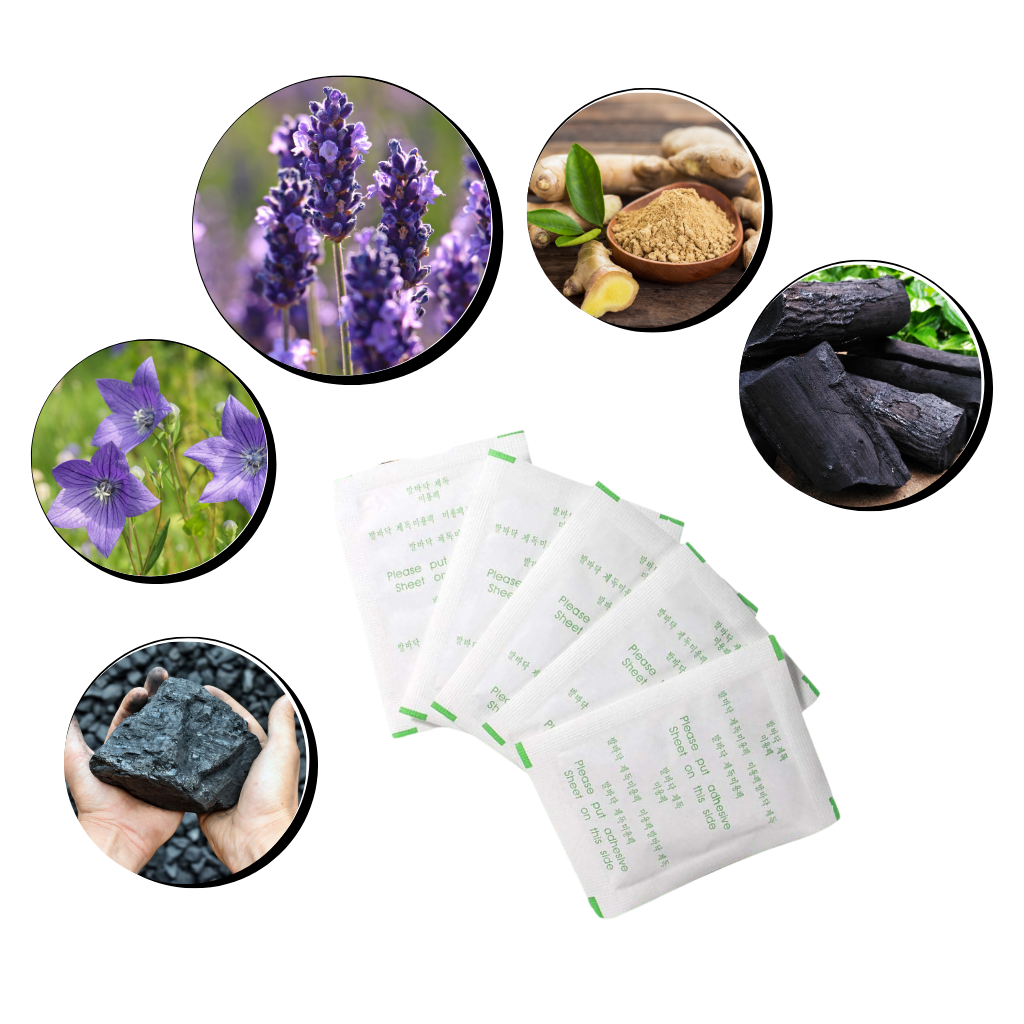 Pacotes de 20 patches naturais detox para pés, produto de cosméticos da marca Yso, mostrando os patches aplicados nos pés
