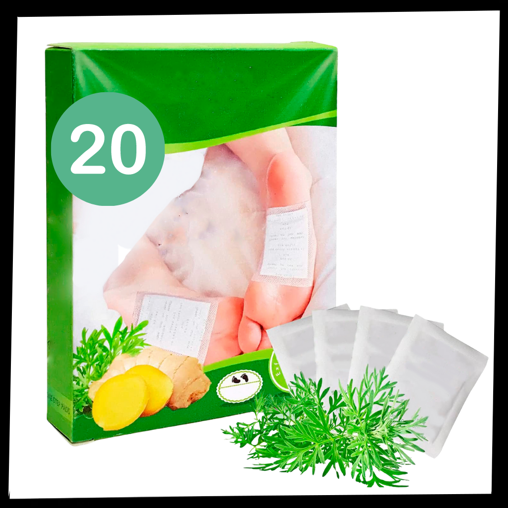Patches naturais detoxifiantes para pés da Yso, pacote com 20 unidades, mostrando patches adesivos para relaxamento e desintoxicação.