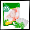 Patches naturais detoxifiantes para pés da Yso, pacote com 20 unidades, mostrando patches adesivos para relaxamento e desintoxicação.
