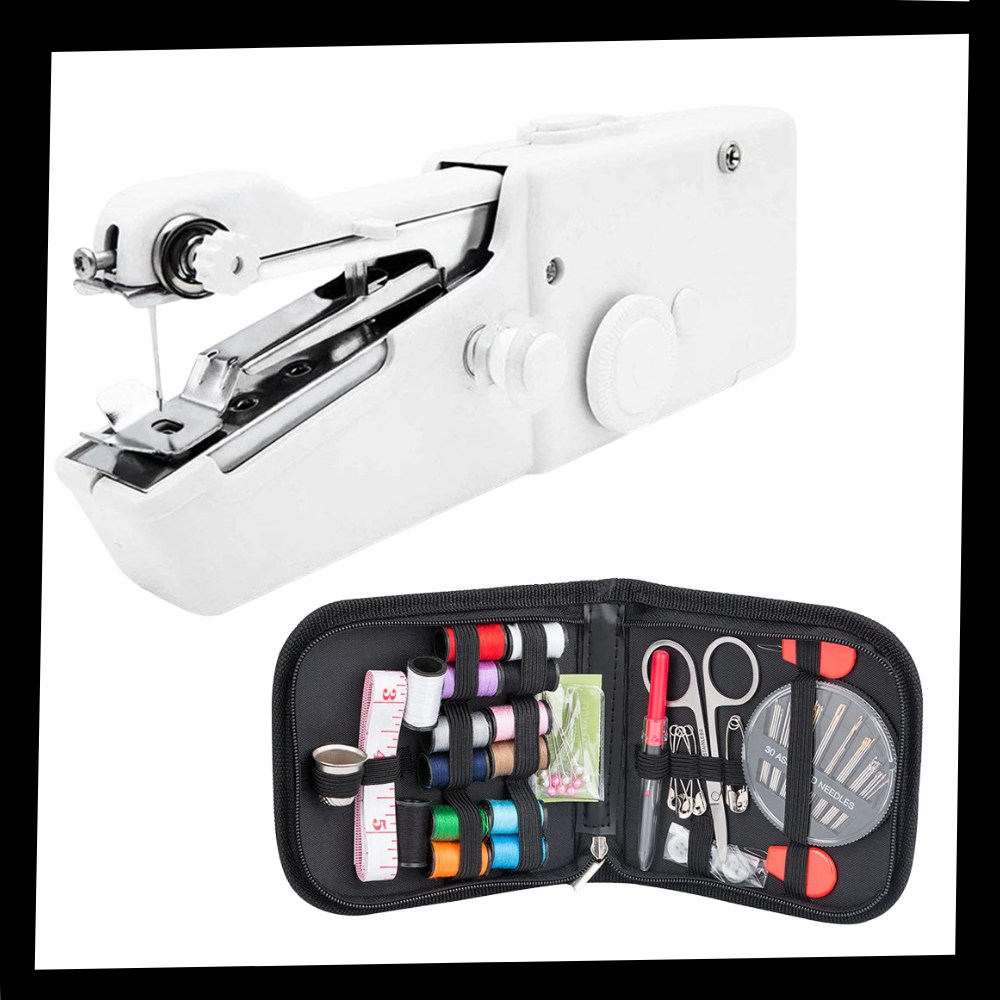 Máquina de costura portátil Ywlanda com kit de costura para hobbies criativos, mostrada em uma mesa com linhas e tecidos.