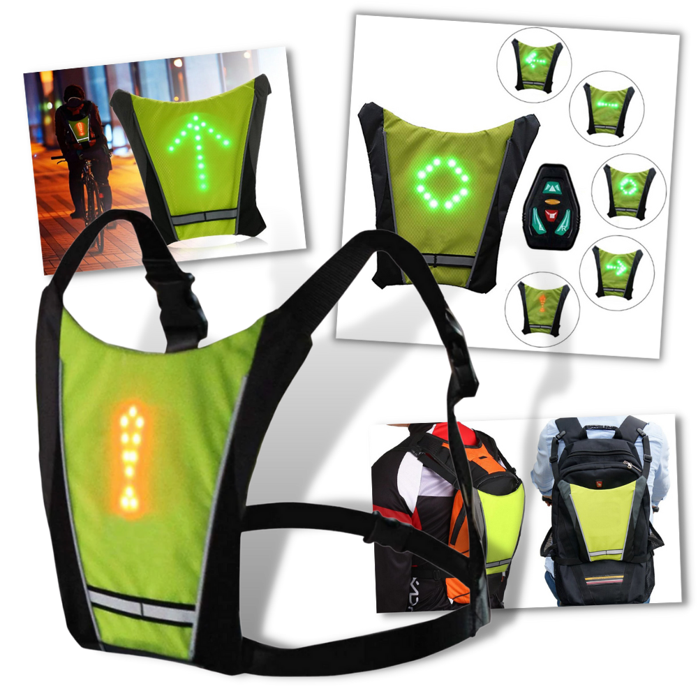 Colete de ciclismo refletivo com LEDs da Zedwell, sinalização de perigo e aviso para segurança em pedaladas noturnas.
