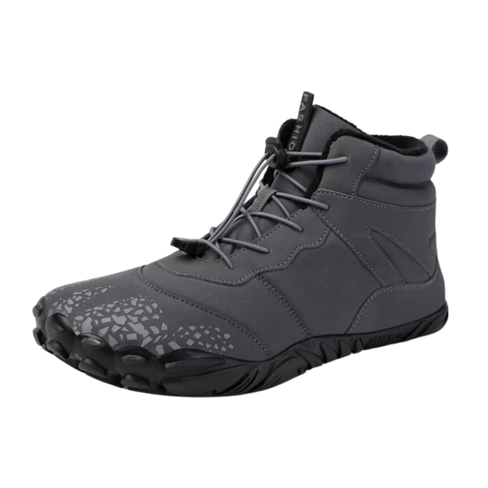 Sapatos de caminhada Ownshoe impermeáveis cinza com sola plana, resistentes à água e ideais para trilhas ao ar livre.