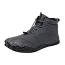 Sapatos de caminhada Ownshoe impermeáveis cinza com sola plana, resistentes à água e ideais para trilhas ao ar livre.