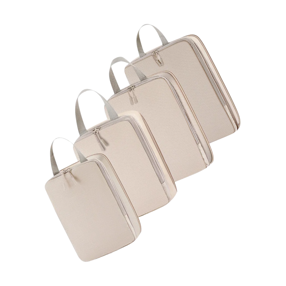 Conjunto de 4 organizadores de bagagem Egdank com zíper, compressão e cor bege, ideal para arrumar roupas em malas.