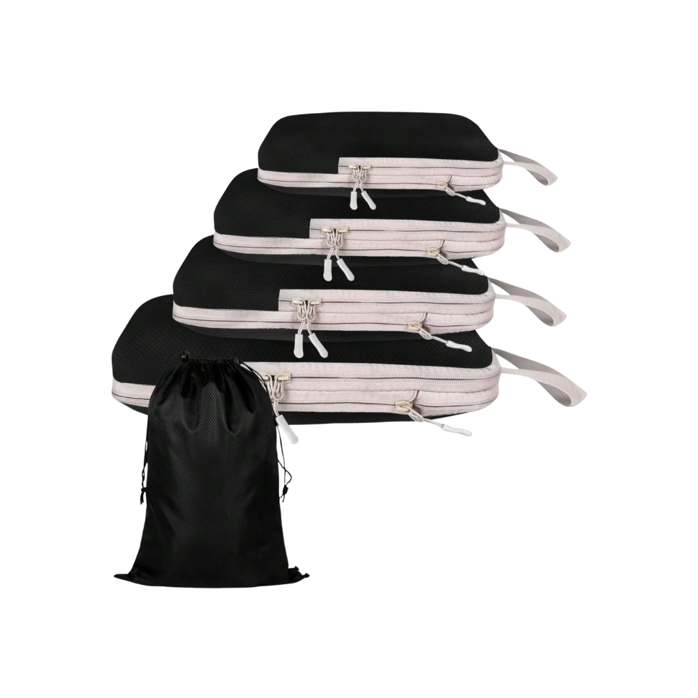 Conjunto de 5 sacos de compressão organizadores de bagagens pretos da Egdank, para otimizar espaço nas malas de viagem.