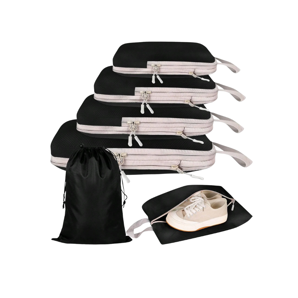 Conjunto de 6 organizadores de bagagem Egdank, sacos de compressão preto para facilitar arrumação e economia de espaço.