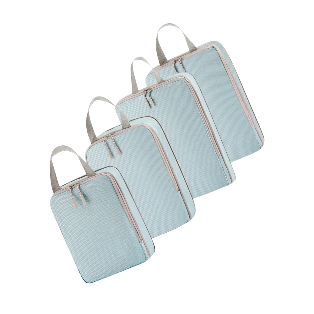 Conjunto de 4 sacos de compressão para organização de bagagens da marca Egdank, em azul, para otimizar espaço na mala.
