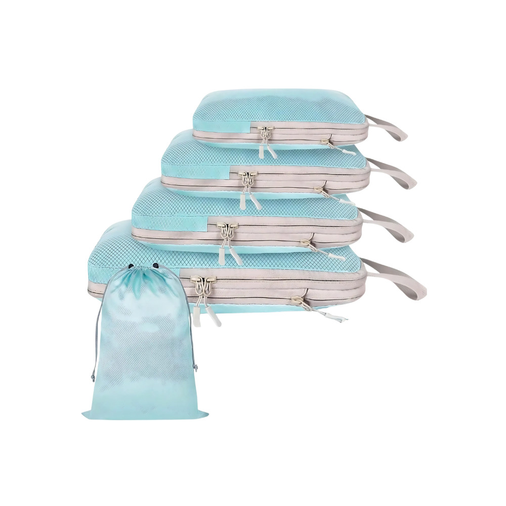 Conjunto de 5 organizadores de bagagem com zíper azul da Egdank para compressão e organização de roupas e acessórios.