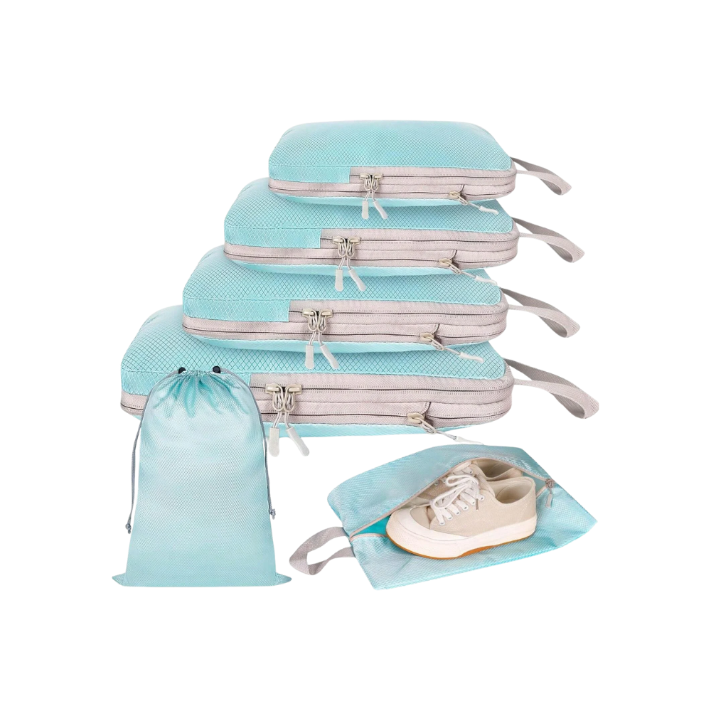 Conjunto de 6 organizadores de bagagem com zíper na cor azul, da marca Egdank, para otimizar o armazenamento de roupas em viagens.