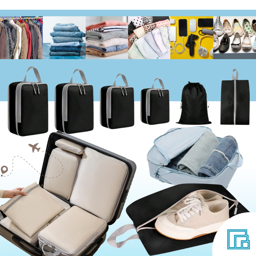 Organizador de bagagem com zíper da Egdank, para compressão e organização eficiente de roupas em malas de viagem.