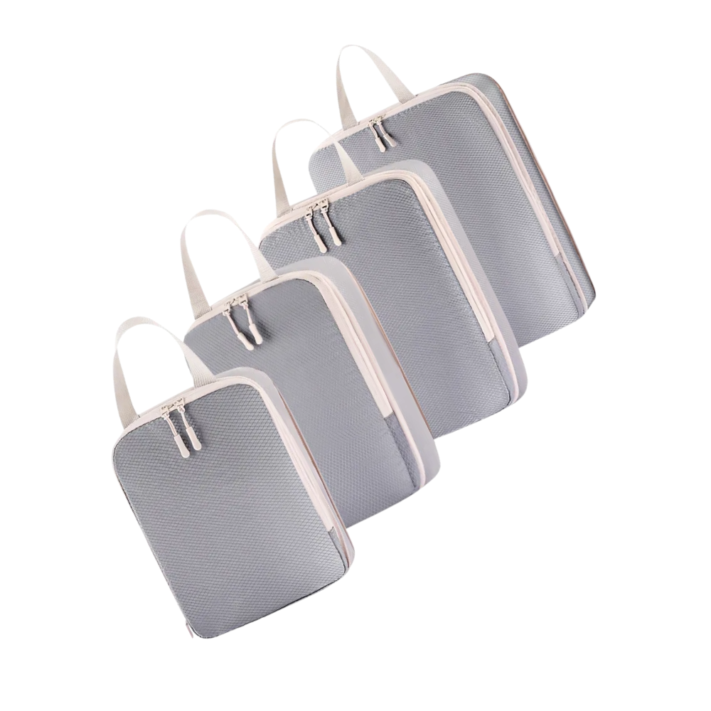 Conjunto de 4 organizadores de bagagem com zíper, em cinza, para compressão e organização de roupas em viagens Egdank.