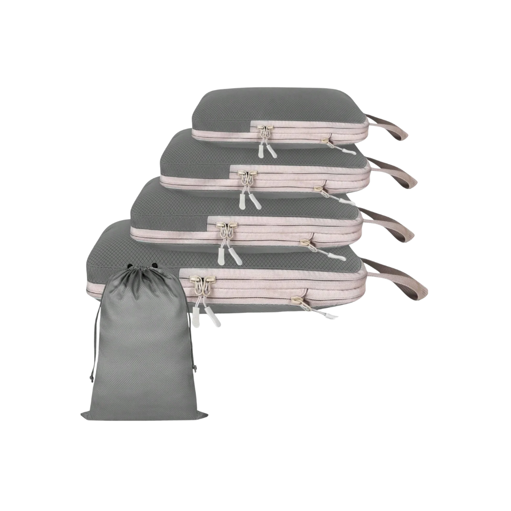 Conjunto de 5 sacos de compressão organizadores de bagagem cinza da Egdank para otimizar espaço na mala.