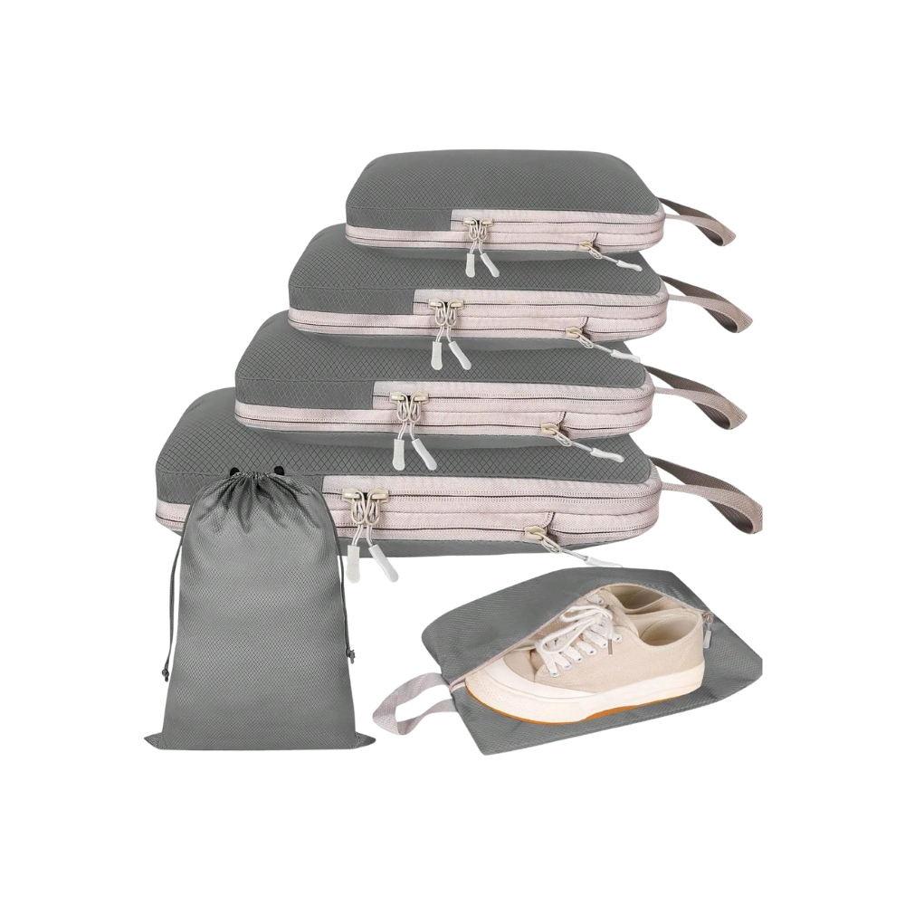 Conjunto de 6 sacos de compressão organizadores de bagagem cinza da Egdank para otimizar espaço na mala.