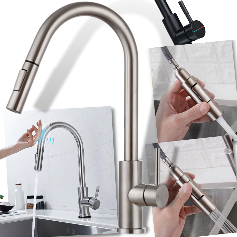 Robinet de cuisine Zovajonia com flexível, capteur, acabamento preto e dourado, peça de material de encanamento.