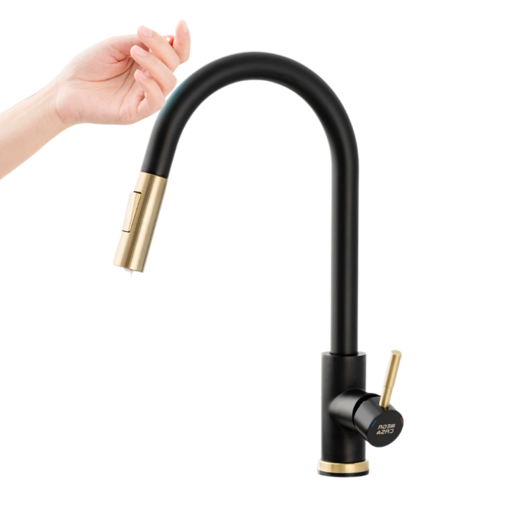 Robinet de cuisine Zovajonia flexible avec capteur, finition noir doré, pièce de plomberie moderne et pratique.