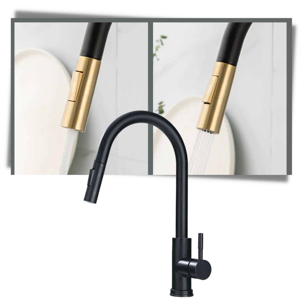 Robinet de cuisine flexible Zovajonia avec capteur, finition noir doré, pièce de plomberie moderne et pratique.