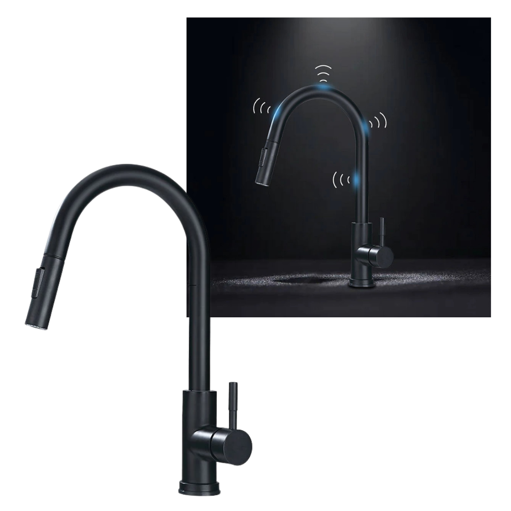 Robinet de cuisine Zovajonia flexible avec capteur, finition noir doré, pièce de plomberie moderne et pratique pour l'évier.